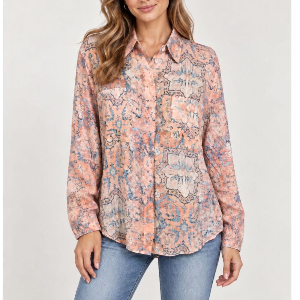Peruvian Connection Liliana Floral Button Down Shirt Boho Art to Wear Lagenlook